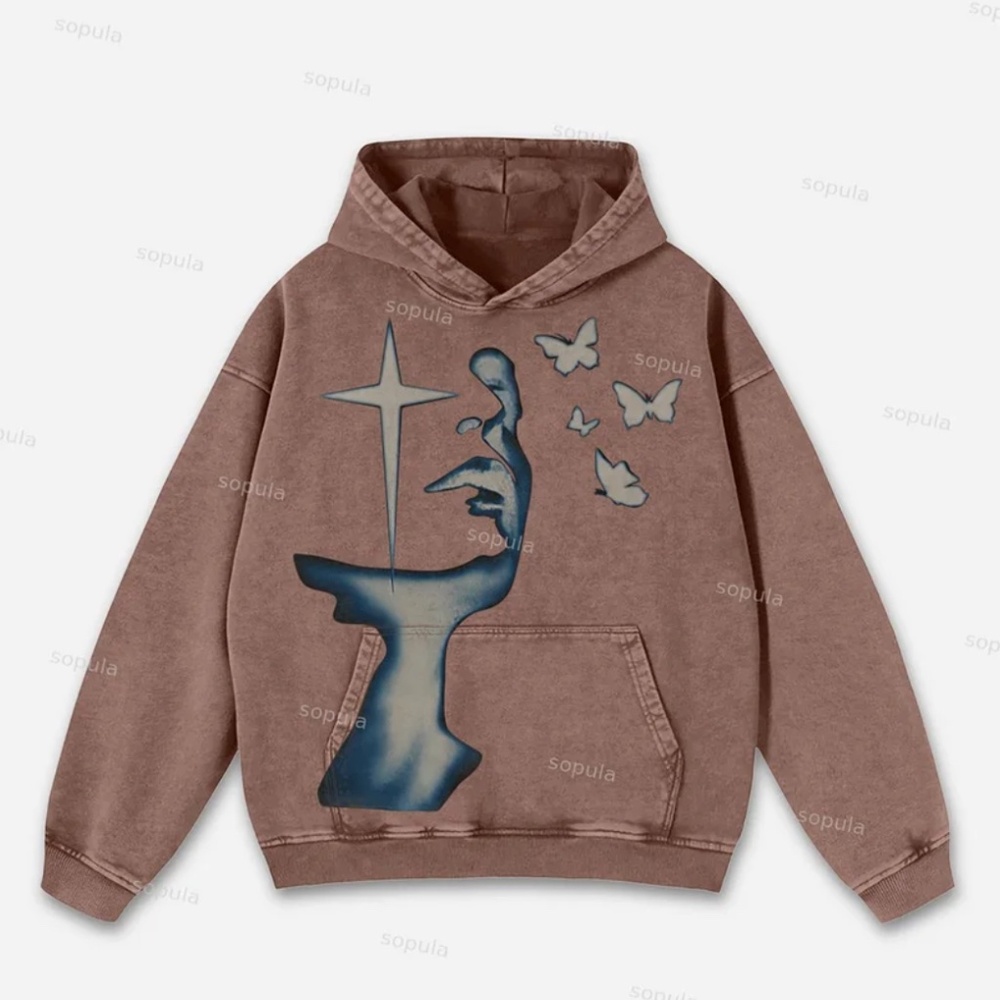 Relaxed Vintage Cross Butterfly Mix Print Graphic Casual Street Washed Hoodie